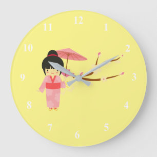 Grande Horloge Ronde Cute japonaise rose cerise Blossom Geisha