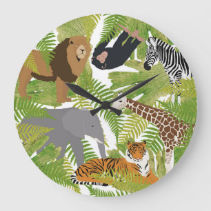 Grande Horloge Ronde Cute Jungle Animaux Safari Garçon Fille