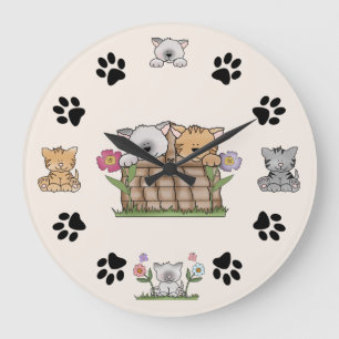 Grande Horloge Ronde Cute Kitty Cats and Paw Prints