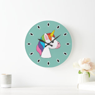 Grande Horloge Ronde Cute licorne magique avec cheveux colorés