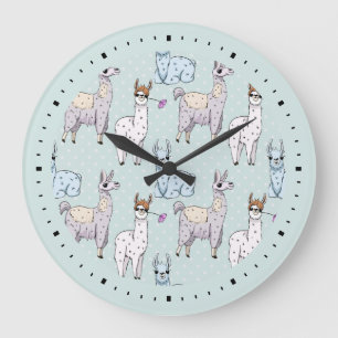 Grande Horloge Ronde Cute Llama Motif Pois