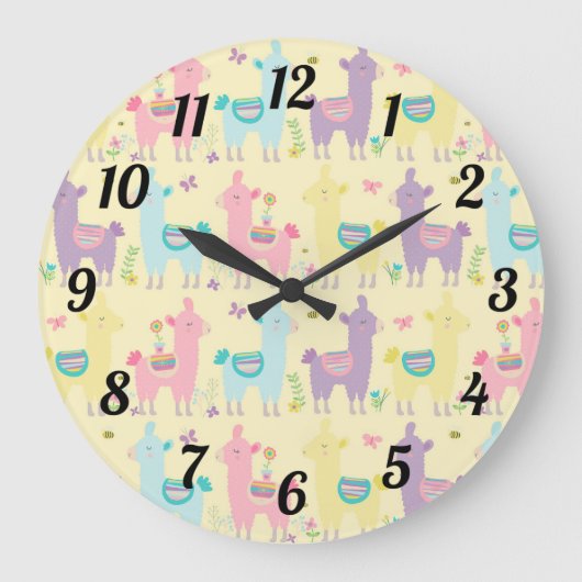 Grande Horloge Ronde Cute Llama Pink Yellow (Recto)