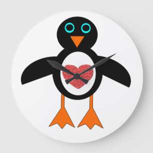 Grande Horloge Ronde Cute Love Heart Penguin Wall Clock