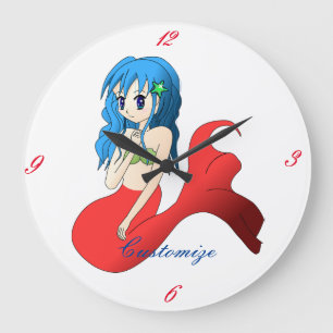 Grande Horloge Ronde Cute Mermaid à cheveux bleus Thunder_Cove
