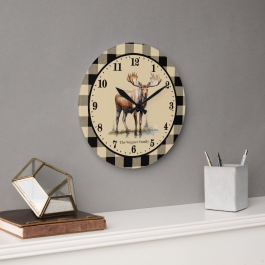 Grande Horloge Ronde Cute Moose cabine ajouter Nom de famille (Bureau)