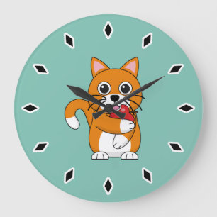 Grande Horloge Ronde Cute Orange Blanc Chat Manger Rouge Pomme Carton