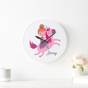 Grande Horloge Ronde Cute Orange Haired Girl équitation sur une licorne