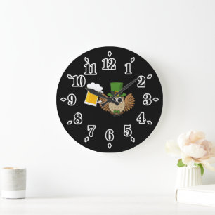 Grande Horloge Ronde Cute Owl Boire de la bière Drôle Saint Patrick's D