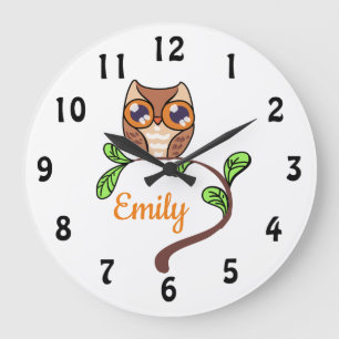 Grande Horloge Ronde Cute Owl Personnalisé
