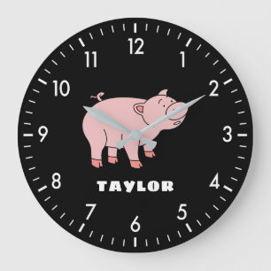 Grande Horloge Ronde Cute Pig Personnalisé Nom Personnalisé Retour À L'