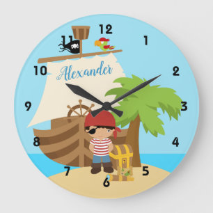 Grande Horloge Ronde Cute Pirate Boy & A Big Ship Custom