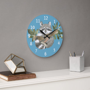 Grande Horloge Ronde Cute Raccoon Russe Bois Animal