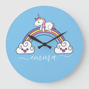 Grande Horloge Ronde Cute Rainbow Unicorn Nom personnalisé