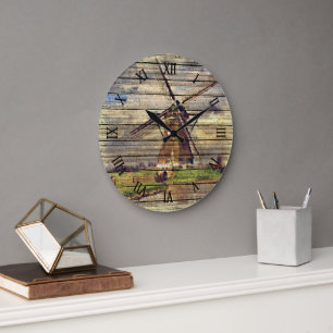 Grande Horloge Ronde Cute Russe Vintage Hollandais Windmill Aquarelle
