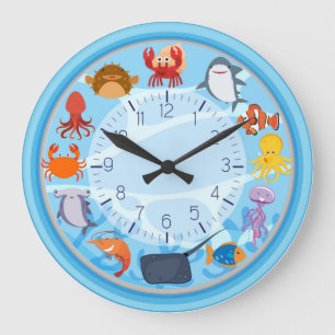Grande Horloge Ronde Cute Sea Creature Blue Round Wall Clock