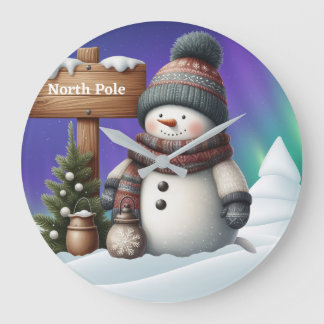 Grande Horloge Ronde Cute snowman on North Pole with northern lights