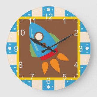 Grande Horloge Ronde Cute Space Ship Rocket Outer Space Kids