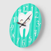 Grande Horloge Ronde Cute Tooth - Teal Striped Dental Wall Clock (Angle)