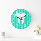 Grande Horloge Ronde Cute Tooth - Teal Striped Dental Wall Clock (Maison)
