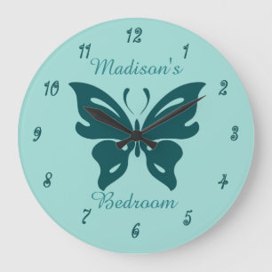 Grande Horloge Ronde Cute Turquoise Butterfly Custom Girl's Bedroom