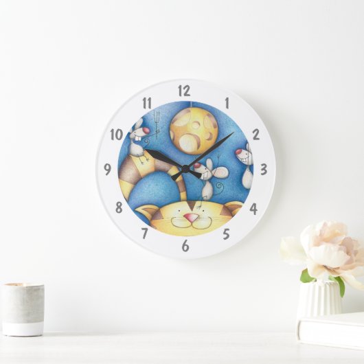 Grande Horloge Ronde Cute Whimsical Cat and Mouse Moon Art (Maison)