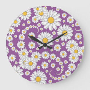 Grande Horloge Ronde Cute White Daisies on Purple Background