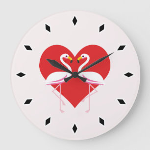Grande Horloge Ronde Cute White Pink Flamingos with Red Heart