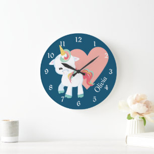 Grande Horloge Ronde Cute White Unicorn Rose Coeur Personalisé Nursery