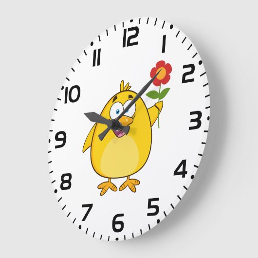 Grande Horloge Ronde Cute Yellow Cartoon Chick with Flower (Angle)