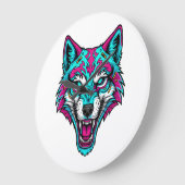 Grande Horloge Ronde Cyberpunk Neon Wolf - Synthwave Robotic Animal (Angle)