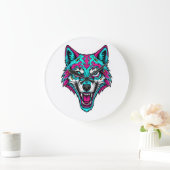 Grande Horloge Ronde Cyberpunk Neon Wolf - Synthwave Robotic Animal (Maison)
