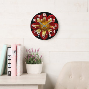 Grande Horloge Ronde Dahlia à collerette rouge sur fond floral noir