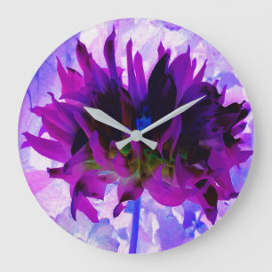 Grande Horloge Ronde Dahlia Cactus Violet et Noir Époustouflant