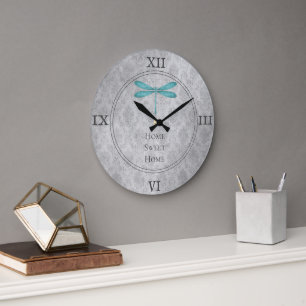 Grande Horloge Ronde Damas de libellule turquoise
