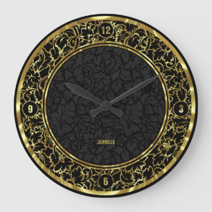 Grande Horloge Ronde Damas Florales Noir Et Métallique