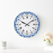 Grande Horloge Ronde Damask bleu et blanc (Maison)