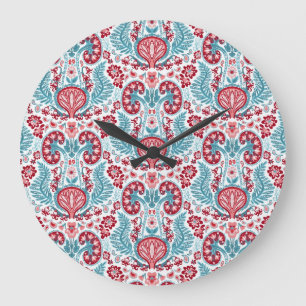 Grande Horloge Ronde Damassé de rein en rouge/Teal