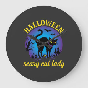 Grande Horloge Ronde Dame de chat effrayante Halloween Chat noir