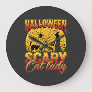 Grande Horloge Ronde Dame de chat effrayante Halloween Sorcière Toile d