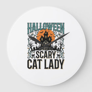 Grande Horloge Ronde Dame de chat Halloween Maison hantée effrayante Vi
