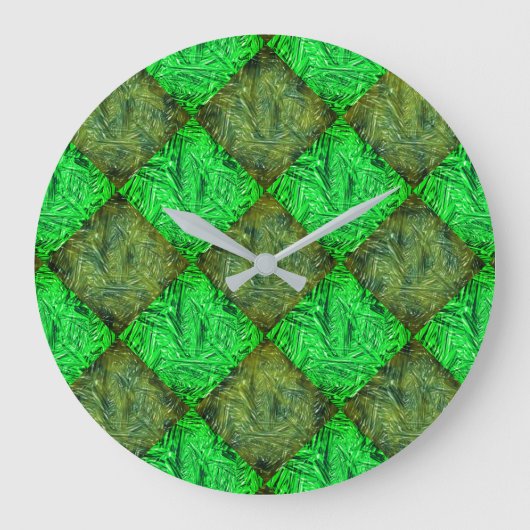 Grande Horloge Ronde Damier vert faux gazon ou feuilles de cocotier. (Recto)