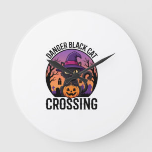 Grande Horloge Ronde Danger Halloween Chat Noir Traverse