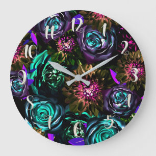 Grande Horloge Ronde Dark Wonderland Gras Glamor Floral Fleurs