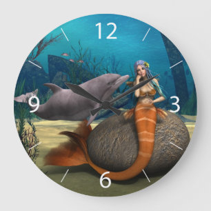 Grande Horloge Ronde Dauphine sirène rêveuse Art fantastique sous-marin
