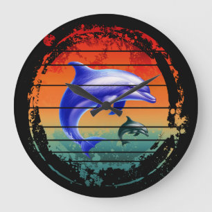 Grande Horloge Ronde Dauphins Créatures Marines Vintage