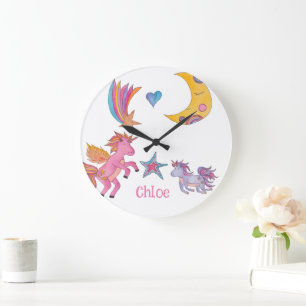 Grande Horloge Ronde Décor de l'horloge Unicorne pour les filles