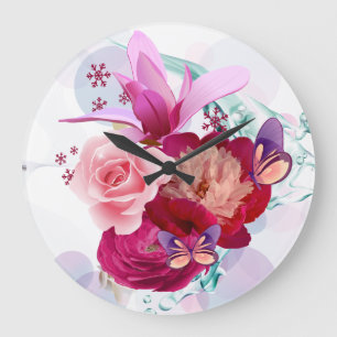 Grande Horloge Ronde Décor Fleur 12 mailles et options numériques