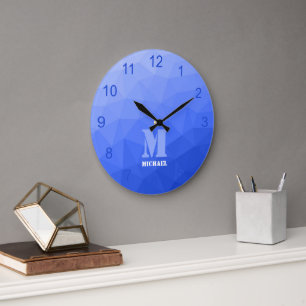 Grande Horloge Ronde Dégradé bleu foncé Monogramme Motif de maillage gé