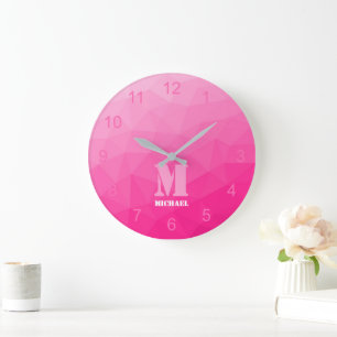 Grande Horloge Ronde Dégradé rose chaud géométrie Motif de maille Monog