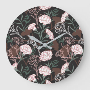 Grande Horloge Ronde Délicates oeillets roses avec fleurs Feuilles vert